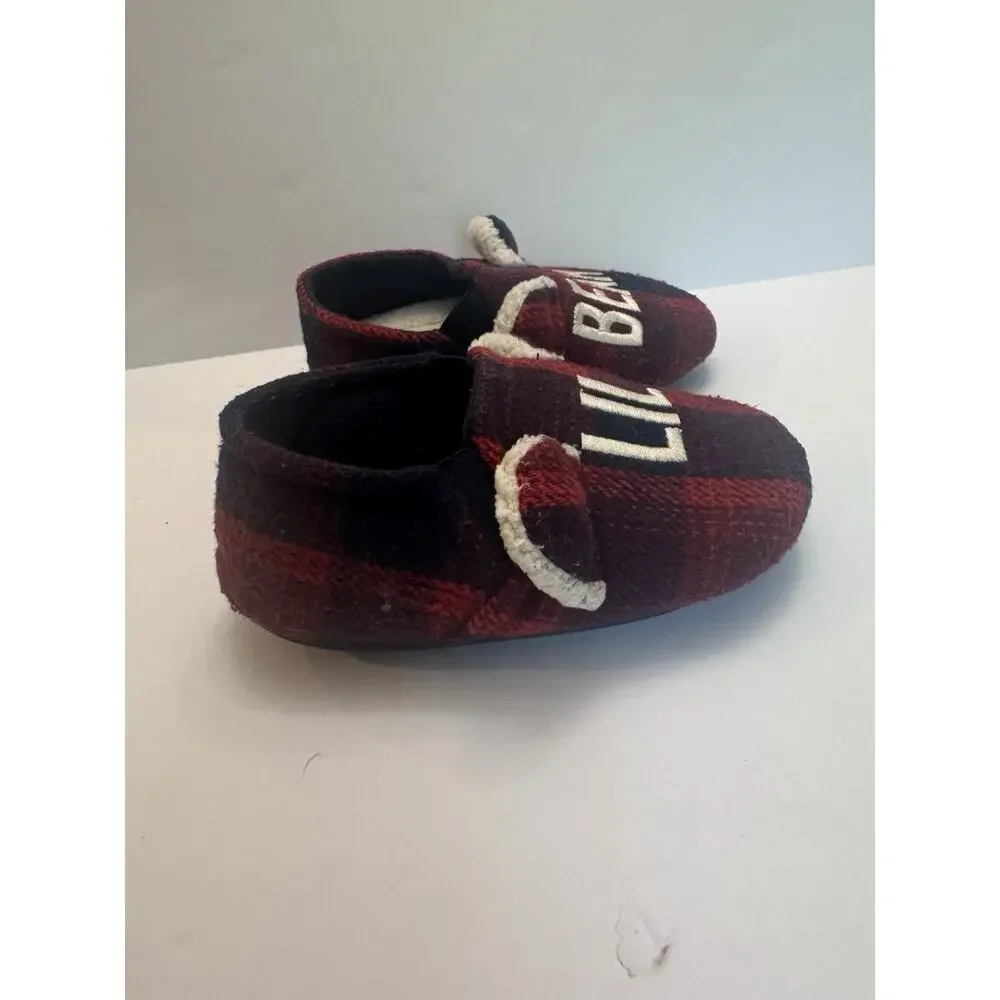 Dearfoams Lil Bear Buffalo Plaid Slippers Kids Size 7-8 Red Black Cozy